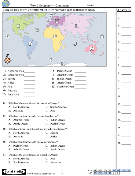 Geography Worksheets - Continents and Oceans worksheet